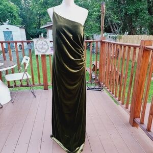 Green Evening Dress Velour One Shoulder Formal Split Side fits L